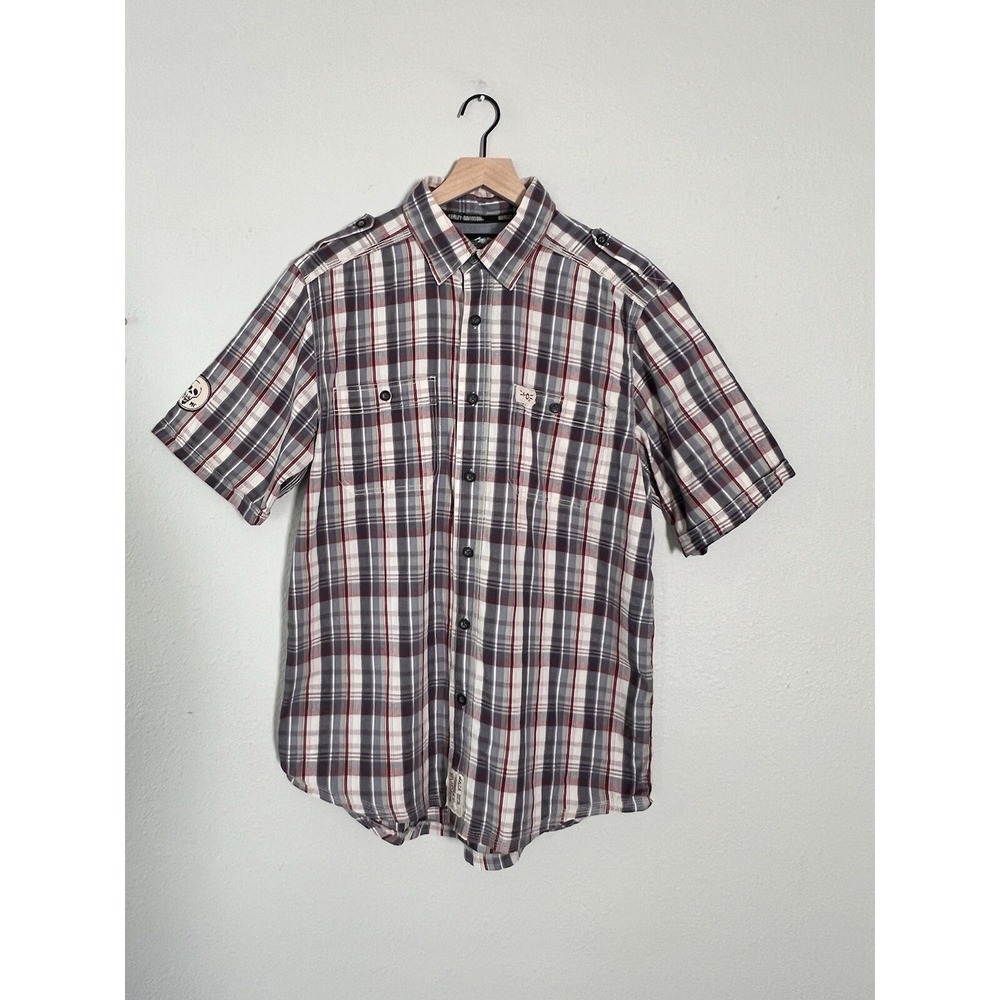 Harley Davidson Men's Plaid Short Sleeve Button Up Shirt Red White Navy M